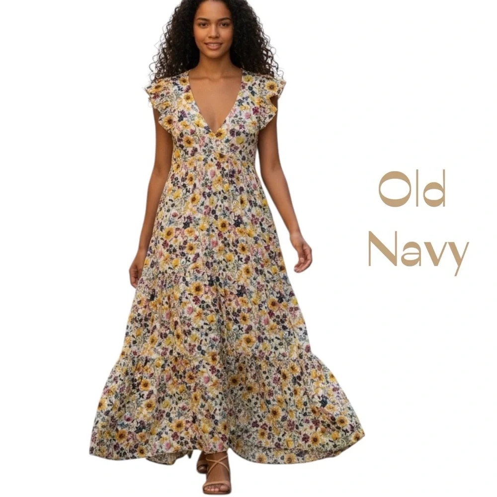 Old Navy Cream Floral Cotton Blend Maxi Dress Size S